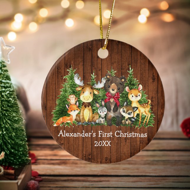 Baby First Christmas Wood Forest Animals Red Bow Ceramic Ornament (Customize with name and year.)