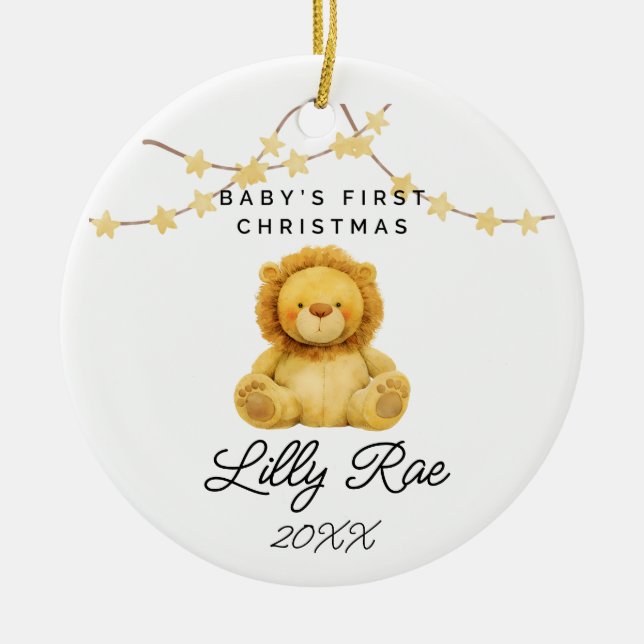 Baby First Christmas Woodland Animal Lion Unisex Ceramic Ornament (Front)