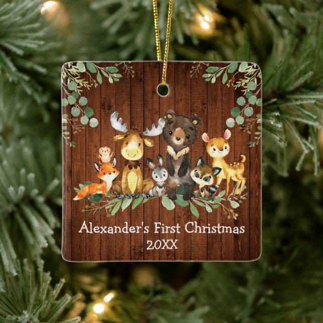 Baby First Christmas Woodland Animals Rustic Ceramic Ornament (Tree)