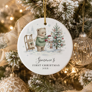 Baby First Christmas Woodland Bear Personalised Ceramic Ornament