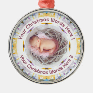 Baby First Christmas Yellow Purple Photo Keepsake Metal Ornament