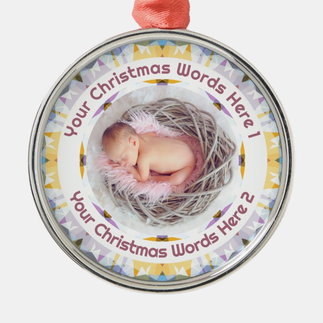 Baby First Christmas Yellow Purple Photo Keepsake Metal Ornament (Front)