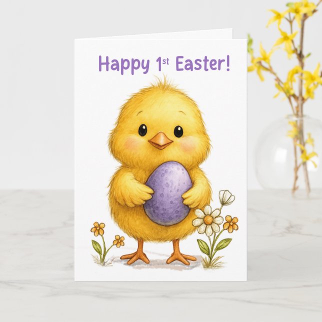 Baby First Easter Cute Chick with Purple Egg Card (Yellow Flower)