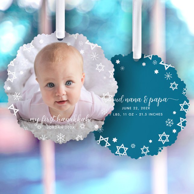 Baby First Hanukkah Photo Snowflakes Grandparents Tree Decoration Card (Creator Uploaded)