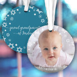 Baby First Hanukkah Stars Snowflakes Grandparents Ornament<br><div class="desc">“First Hanukkah.” A playful visual of white Stars of David, snowflakes and handwritten script typography with customised year, overlaying the photo of your choice, help you usher in Hanukkah and New Year. On the back, additional white Stars of David, snowflakes and handwritten typography with “proud grandparents of baby’s name” overlay...</div>