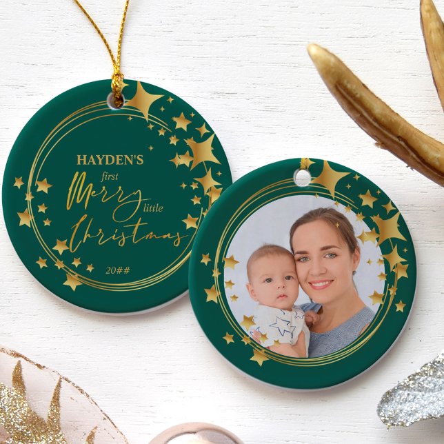 Baby First Merry Little Christmas Photo Gold Star Ceramic Ornament (Creator Uploaded)