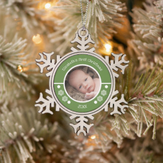 Baby First photo year dots green white Snowflake Pewter Christmas Ornament