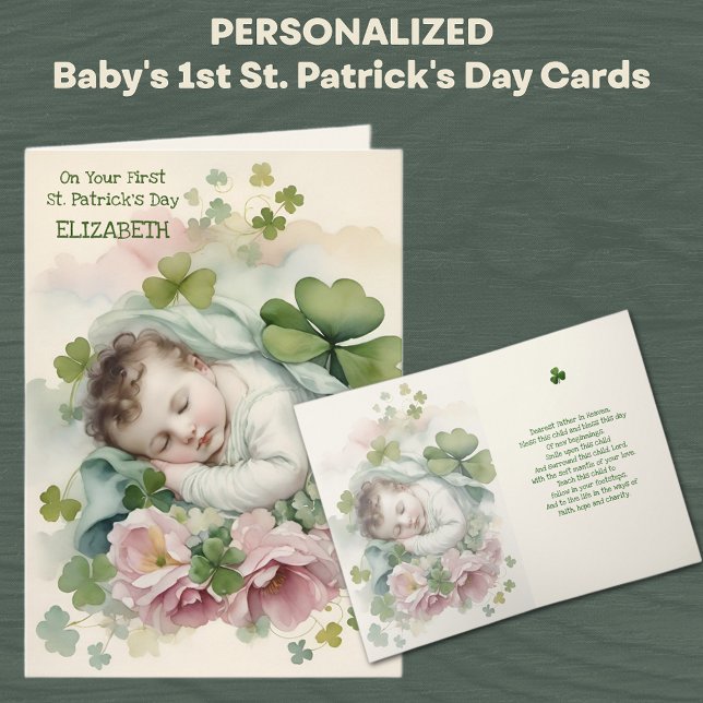 Baby First St. Patrick's Day Blessing Prayer Card (Baby's First St. Patrick's Day Card with Shamrocks and pink roses )