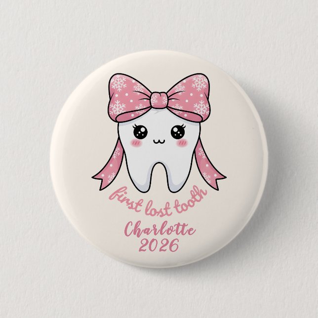 Baby First Tooth Pink Bow Milestone Kawaii Tooth 6 Cm Round Badge (Front)