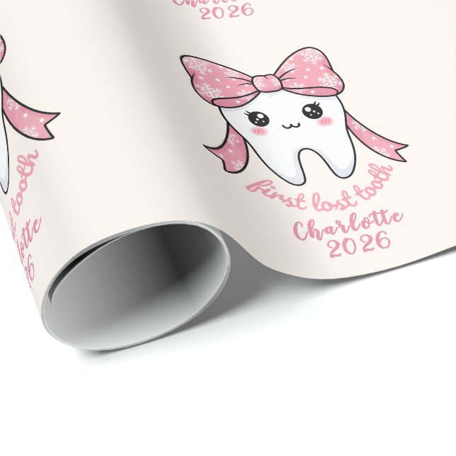 Baby First Tooth Pink Bow Milestone Kawaii Tooth Wrapping Paper (Roll Corner)