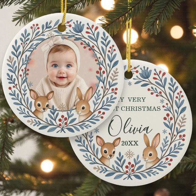 Baby First  Woodland Nordic Christmas Keepsake Ceramic Ornament (Creator Uploaded)