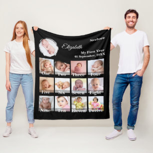 Baby First Year 12 Month Photo Collage  Milestone Fleece Blanket