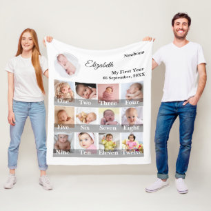 Baby First Year 12 Month Photo Collage Milestone Fleece Blanket