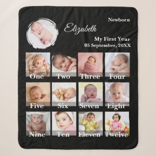 Baby First Year 12 Month Photo Collage Milestone Sherpa Blanket