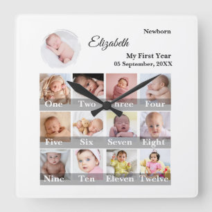 Baby First Year 12 Month Photo Collage  Milestone Square Wall Clock