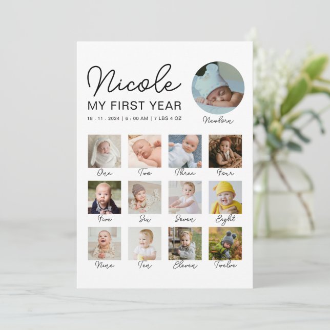 Baby First Year 12 Months Photo Collage Modern Card (Standing Front)
