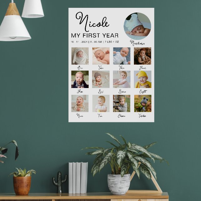 Baby First Year 12 Months Photo Collage Modern Poster (Living Room 1)