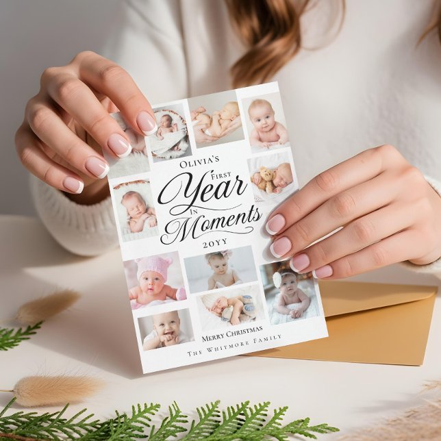 Baby First Year in Moments Minimal Photo Collage Holiday Card (Baby First Year in Moments Minimal Photo Collage Holiday Card)