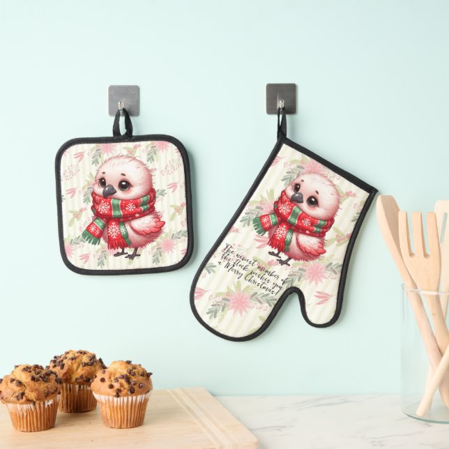 Baby Flamingo Chick Wishing You A Merry Christmas Oven Mitt & Pot Holder Set (Insitu(Hanging))