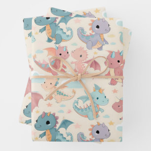 Baby flying dragons wrapping paper sheet
