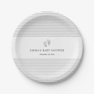 Baby Footprint Grey Stripe Baby Shower Plate