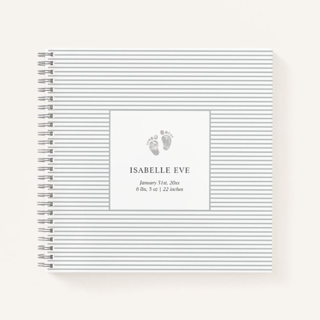 Baby Footprint Grey Stripes | Simple Baby Book (Front)