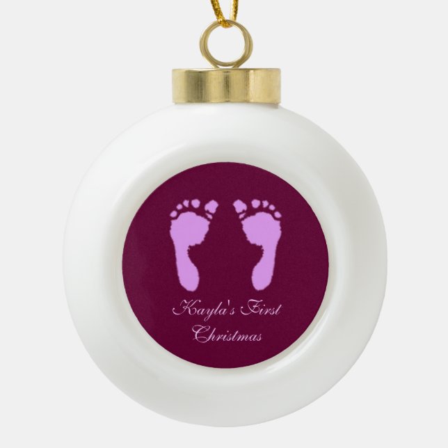Baby Footprints (Girl) Ceramic Ball Christmas Ornament (Front)
