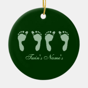 Baby Footprints (Green Twins) (Doorhanger) Ceramic Ornament