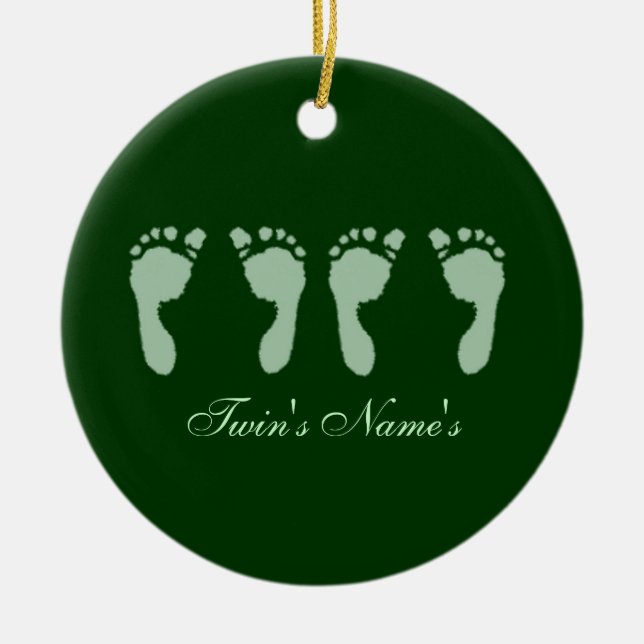 Baby Footprints (Green Twins) (Doorhanger) Ceramic Ornament (Front)