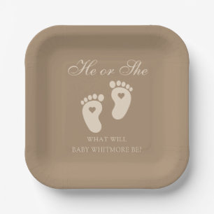 Baby Footprints He or She Brown Gender Reveal Paper Plate