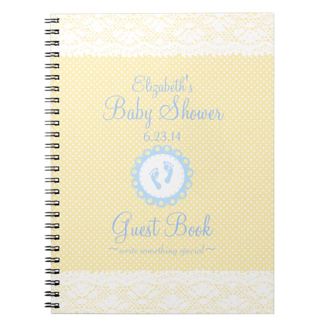 Baby Footprints Lace Blue Baby Shower Guest Book- Notebook (Front)