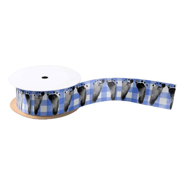 Baby Footprints on Blue Gingham Satin Ribbon (Spool)