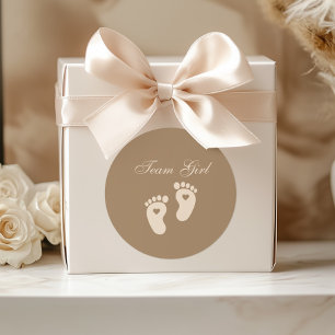 Baby Footprints Team Girl Brown Gender Reveal Classic Round Sticker