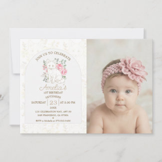 Baby Fox 1st Birthday Neutral Gold Line Art Invitation