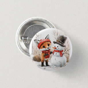 Baby Fox and Snowman 3 Cm Round Badge