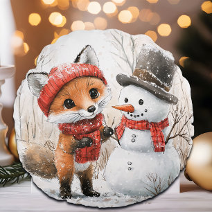 Baby Fox and Snowman Round Cushion
