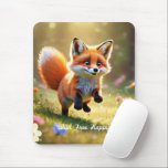 "Baby Fox Frolics" Mouse Pad<br><div class="desc">A playful baby red fox frolics through a sunlit meadow,  its fluffy tail twirling in joyful pursuit. With its bright eyes and spirited energy,  the scene captures the innocence and carefree nature of youth. "Original Image was generated by Meta AI. AI generated artwork. Licensed under CC BY-SA 4.0.</div>