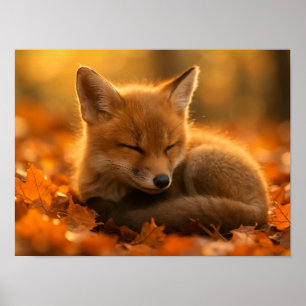Baby Fox in Autumn Leaves Poster