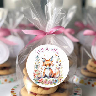 Baby Fox in Flowers   Baby Shower It's a Girl Classic Round Sticker