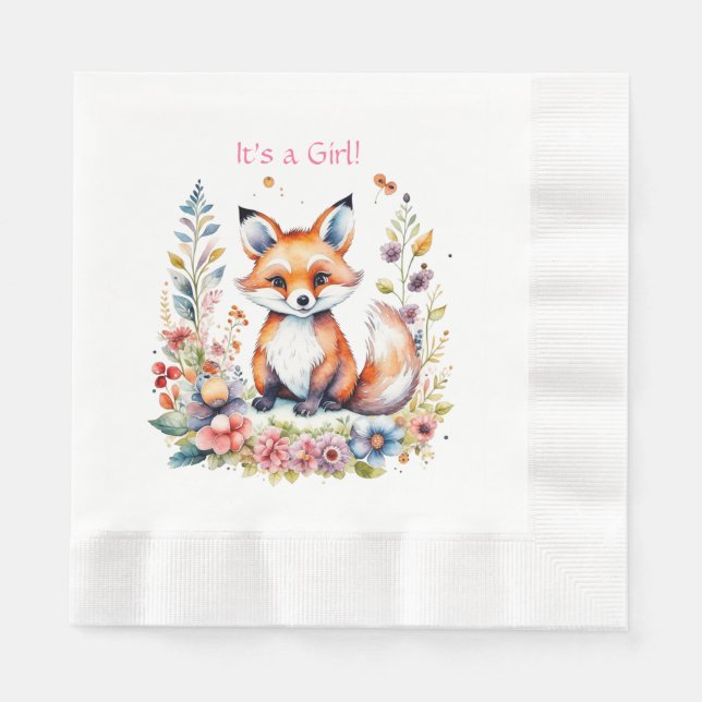 Baby Fox in Flowers | Baby Shower It's a Girl Napkin (Front)