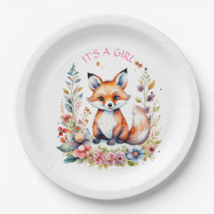 Baby Fox in Flowers Baby Shower It's a Girl Paper Plate