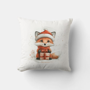 Baby Fox in Red Santa Hat Christmas Winter Holiday Cushion