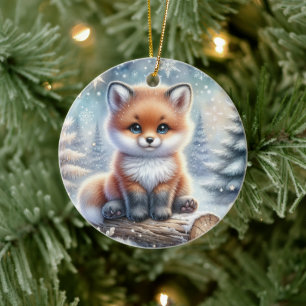 Baby Fox in Winter Pines Ceramic Ornament