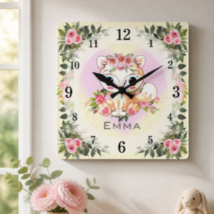 Baby Fox   Nursery Décor   Yellow Personalised Square Wall Clock