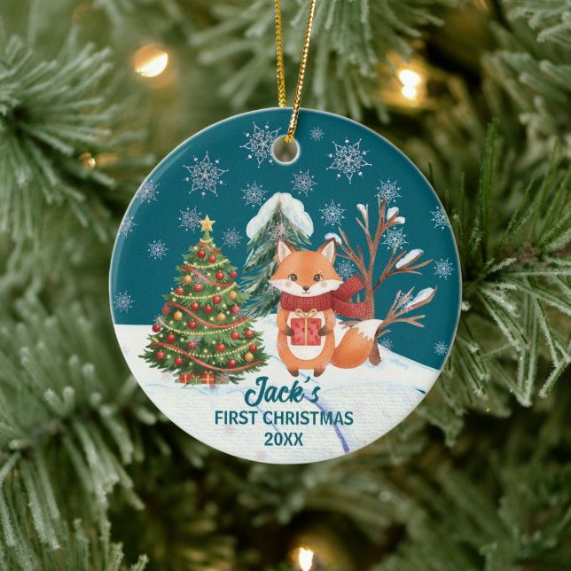 Baby Fox Snow Trees First Christmas Ceramic Ornament (Tree)