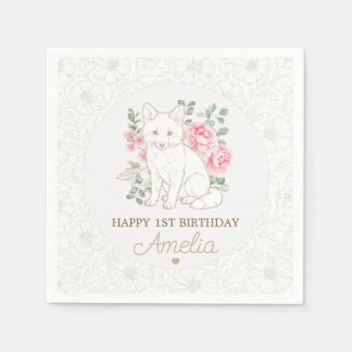 Baby Fox Watercolor Pink Floral First Birthday Napkin