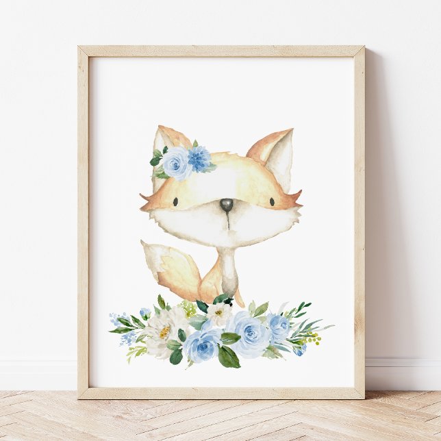 Baby Fox, Woodland Animals, Boho, Blue Flowers Poster (Creator Uploaded)