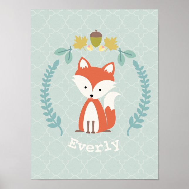 Baby Fox Wreath Personalised Nursery Artwork Poster (Front)