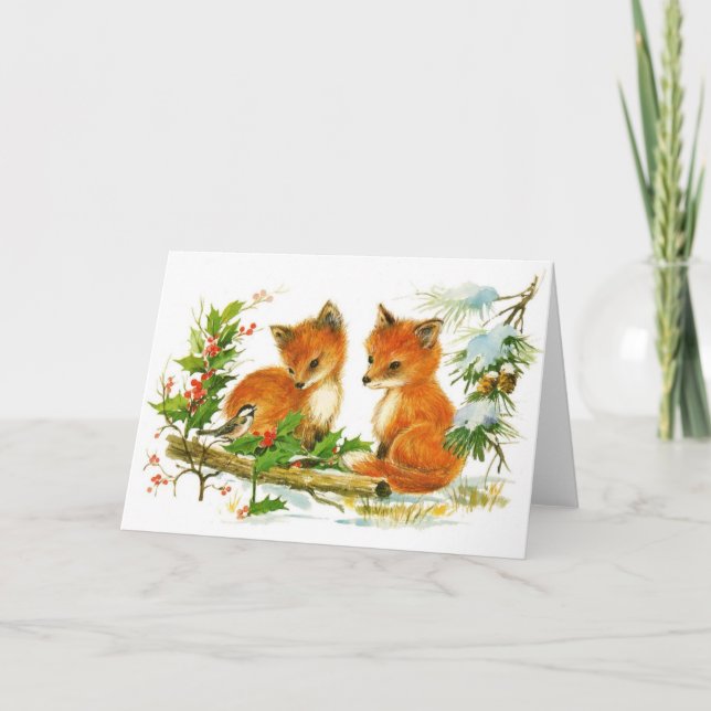 Baby Foxes Holly Christmas Card (Front)