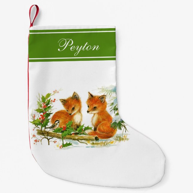 Baby Foxes Holly Personalised Christmas Stocking (Front)